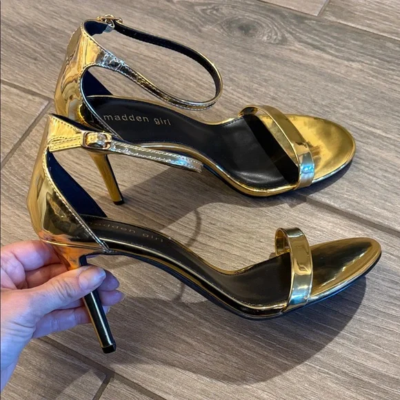 Madden Girl Metallic Gold Ankle Strap Heels Sz 8.5 M - Picture 7 of 14